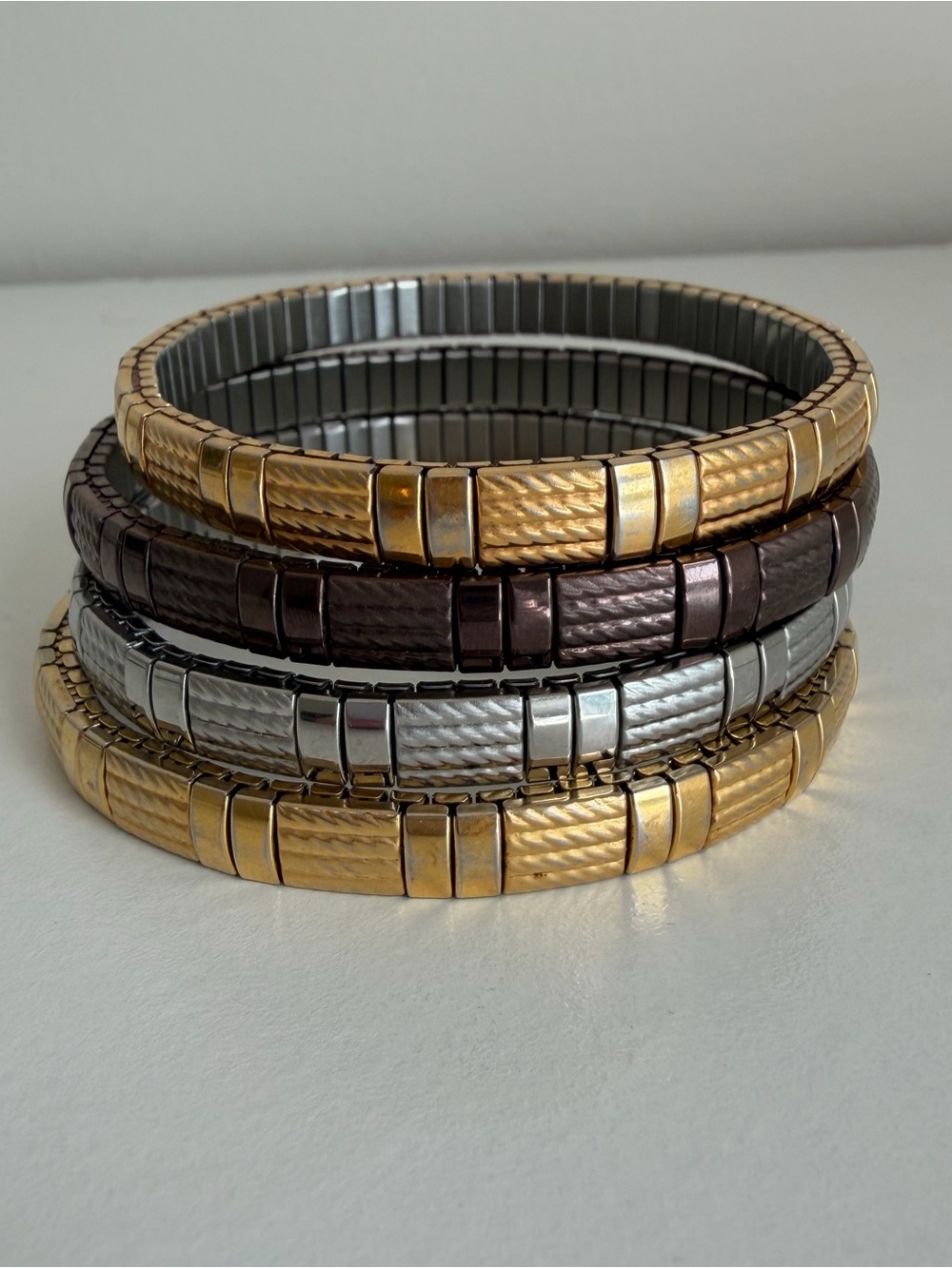 Stackable Metal Stretch Bracelets - Gold, Brown, Silver Set of 4